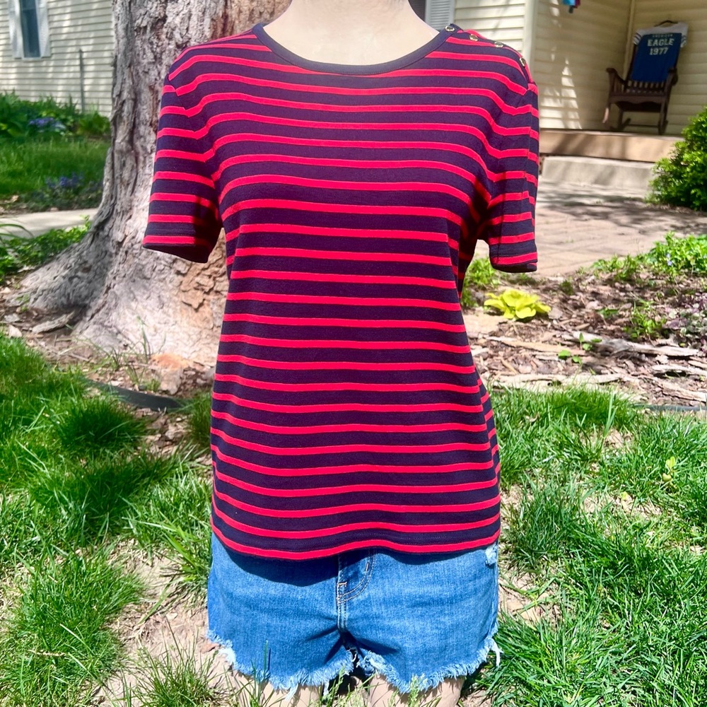 Chaps L Classics Striped Button Shoulder Tee! EUC!
